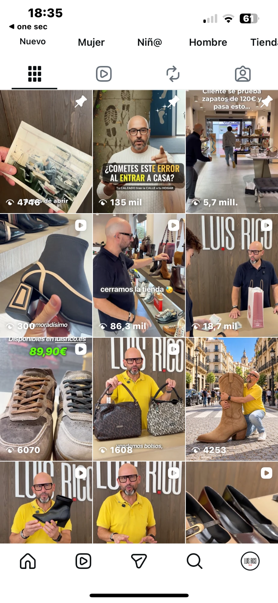 Perfil de Instagram de Luis Rico con sus vídeos